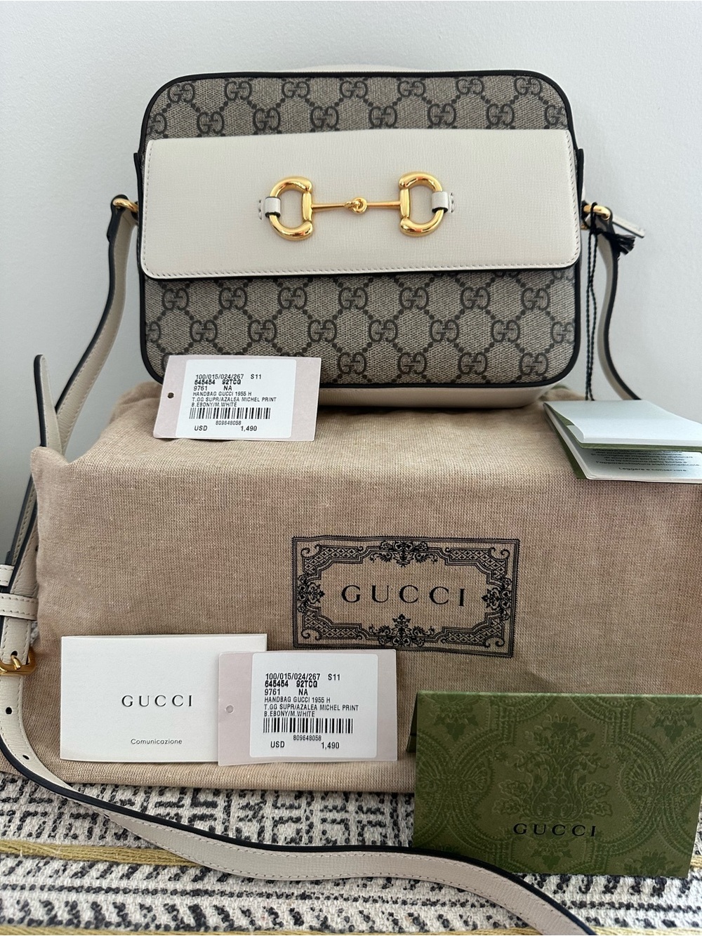 Gucci GG Supreme Canvas Crossbody with Cream Leather Flap and Gold Horsebit